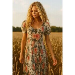 Vtg Starina Rayon Crepe Maxi Dress L Rose Garden Tea Cottagecore Feminine Prarie